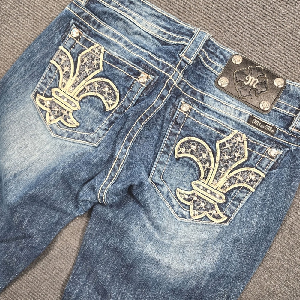 Miss Me Bootcut Jeans Women 27 Blue Fleur De Lis Embellished Y2K